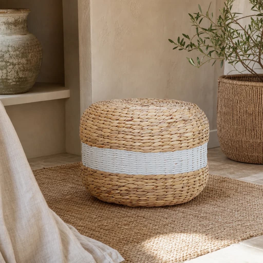 Ashby Water Hyacinth Pouffe with White Stripe - Decorative, photo 1 of 5