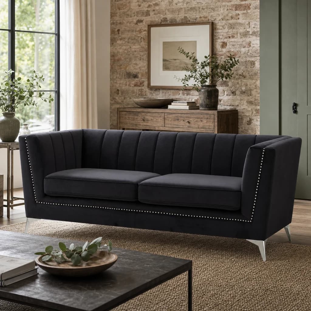 Hansa Three Seat Black Velvet Sofa - Seating, photo 1 of 2