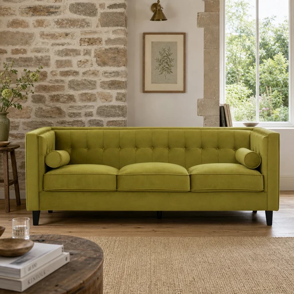 Helia 3 Seat Olive Velvet Sofa - Seating, photo 1 of 8