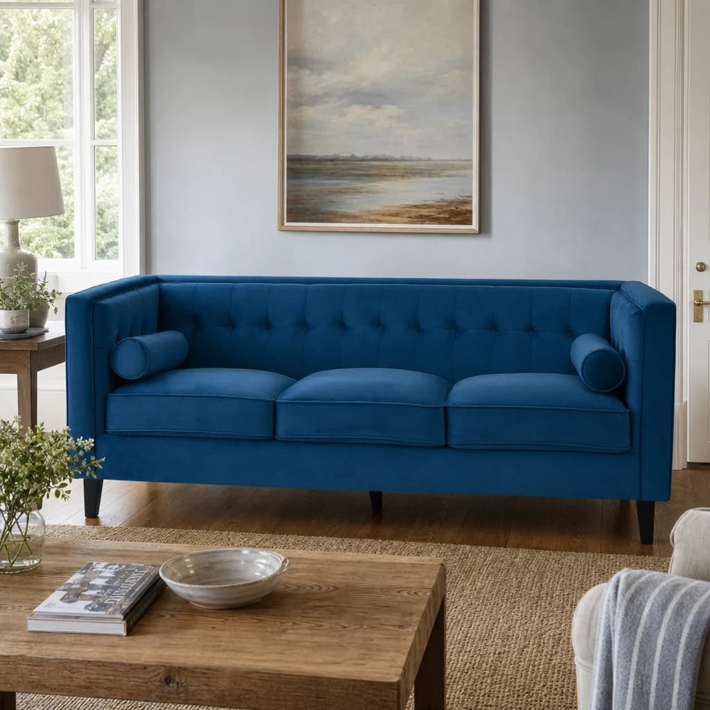 Helia 3 Seat Blue Velvet Sofa - Seating, photo 1 of 8