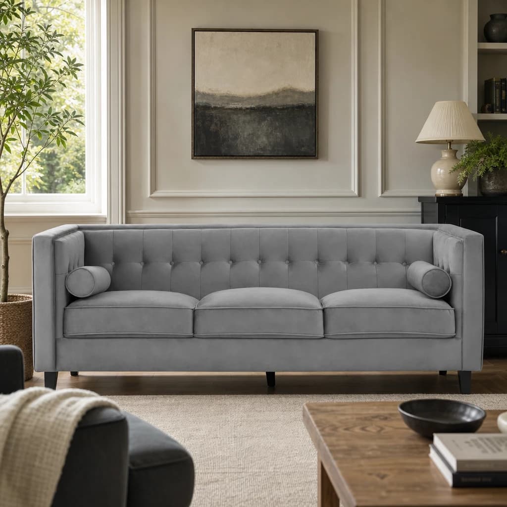 Helia 3 Seat Grey Velvet Sofa - Seating, photo 1 of 8