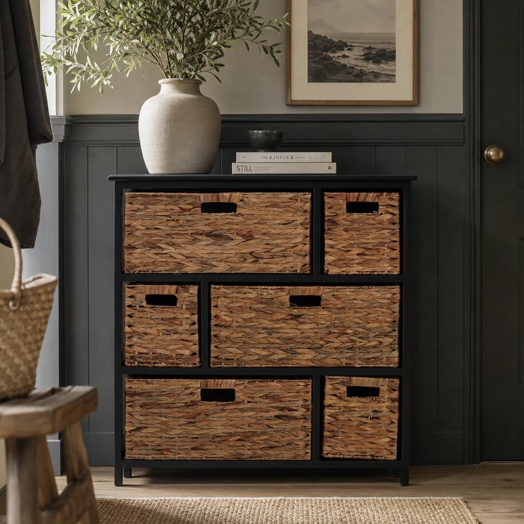 Padstow Black Storage Unit with 6 Water Hyacinth Drawers - Bookcases & shelving, photo 1 of 8