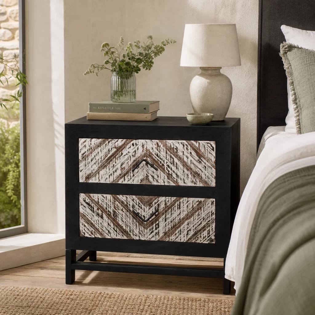 Lombok Rustic Chevron and Black 2 Drawer Bedside Table - Tables, photo 1 of 8