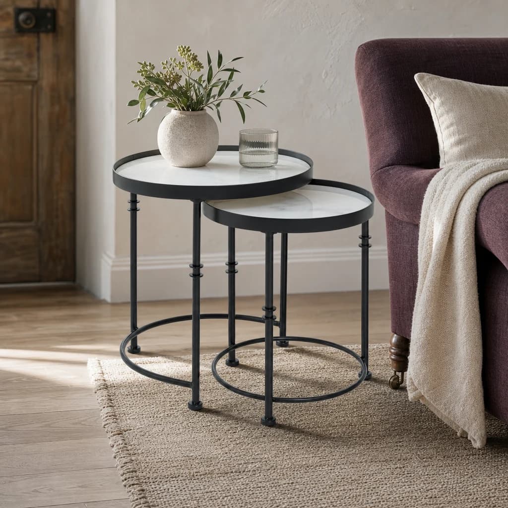 Arcana White Marble and Black Frame Set Of 2 Round Side Tables - Tables, photo 1 of 8