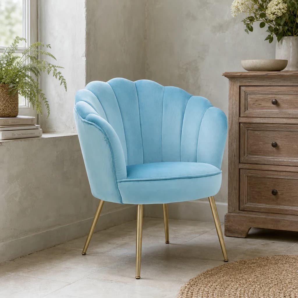 Ovala Aqua Blue Velvet Scalloped Chair - Seating, photo 1 of 8