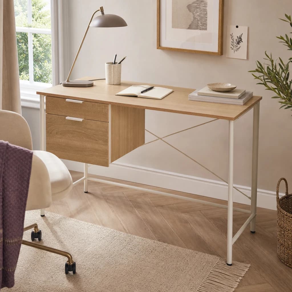 Bradbury Natural Oak Veneer Desk With Drawers - Tables, photo 1 of 8