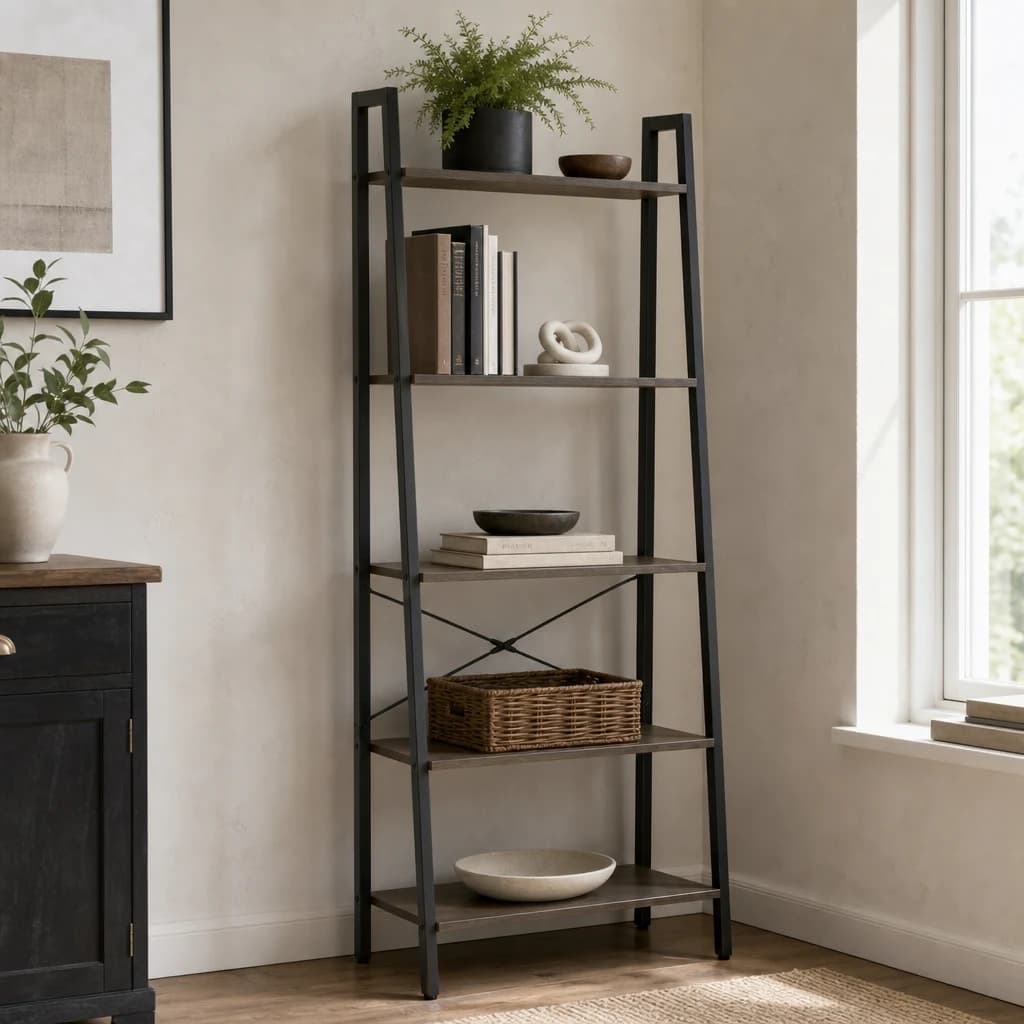 Bradbury Five Tier Dark Oak Veneer Ladder Shelf Unit - Bookcases & shelving, photo 1 of 8