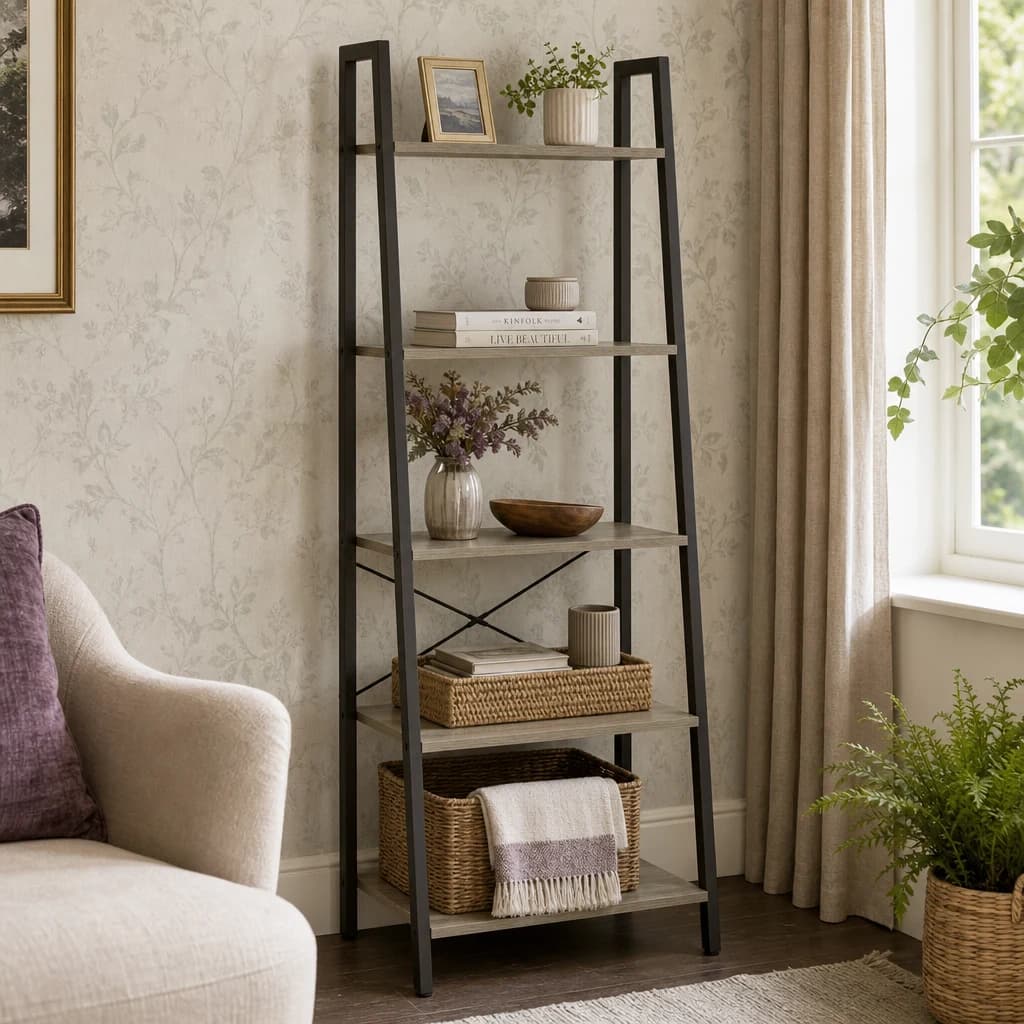 Bradbury Five Tier Grey Oak Veneer Ladder Shelf Unit