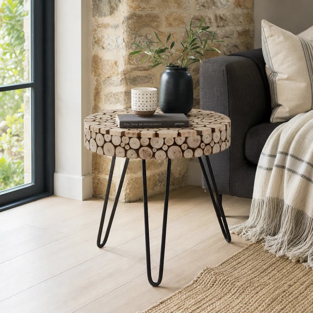 Lacuna Fir Wood Mosaic Disc Round Side Table - Tables, photo 1 of 8