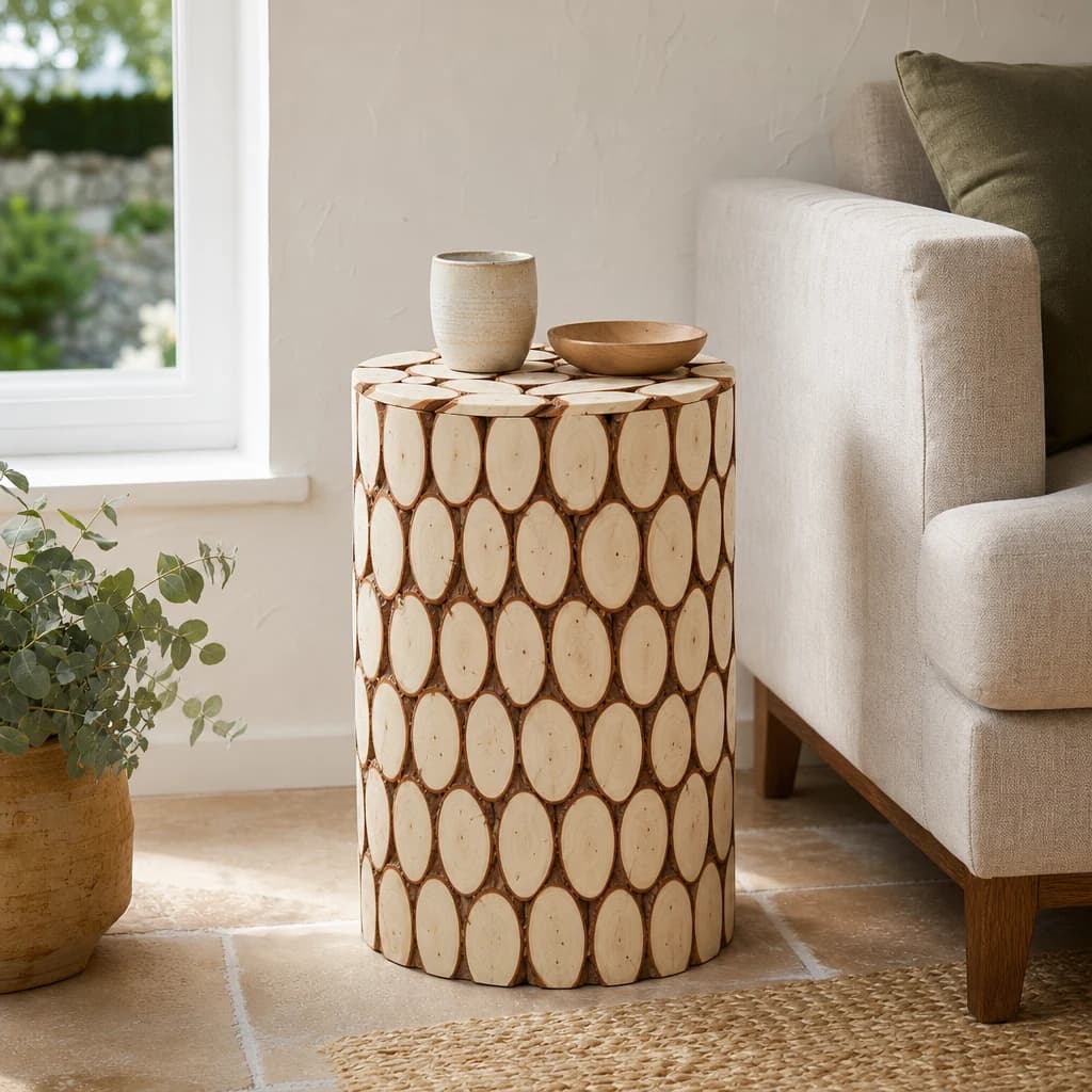 Lacuna Fir Wood Mosaic Disc Side Table and Stool - Seating, photo 1 of 8