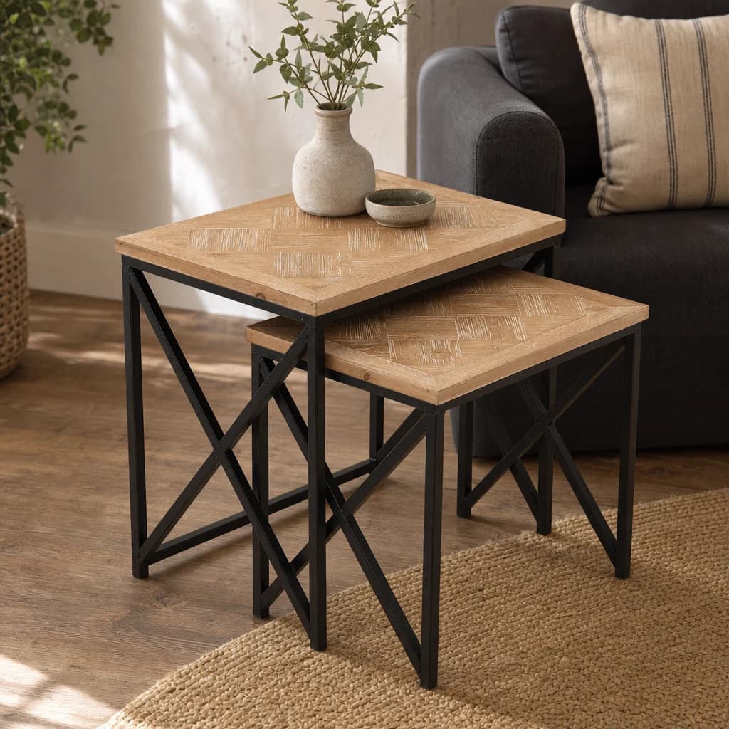 Kickford Parquet Fir Wood Set Of Two Nesting Tables - Tables, photo 1 of 8