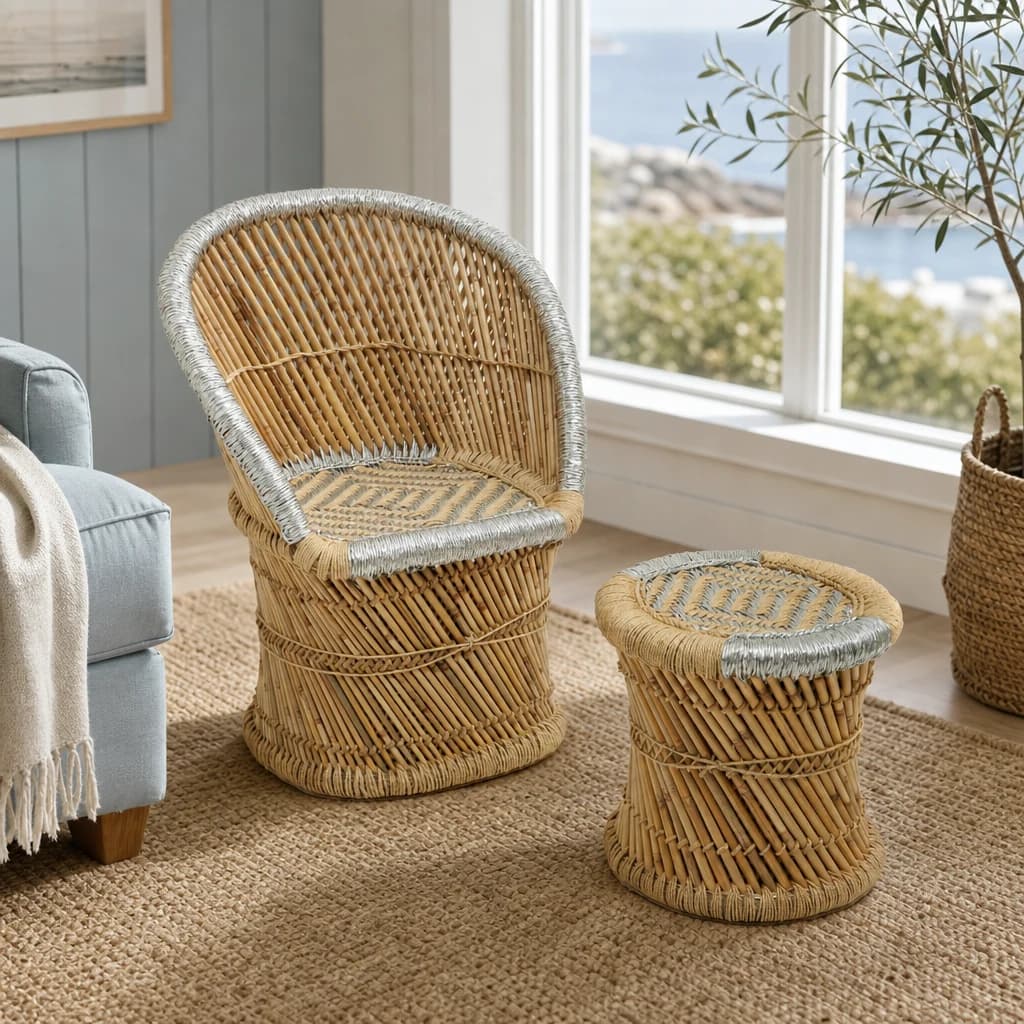 Rowan Natural And Grey Woven Bamboo Chair And Stool Set - Seating, photo 1 of 8