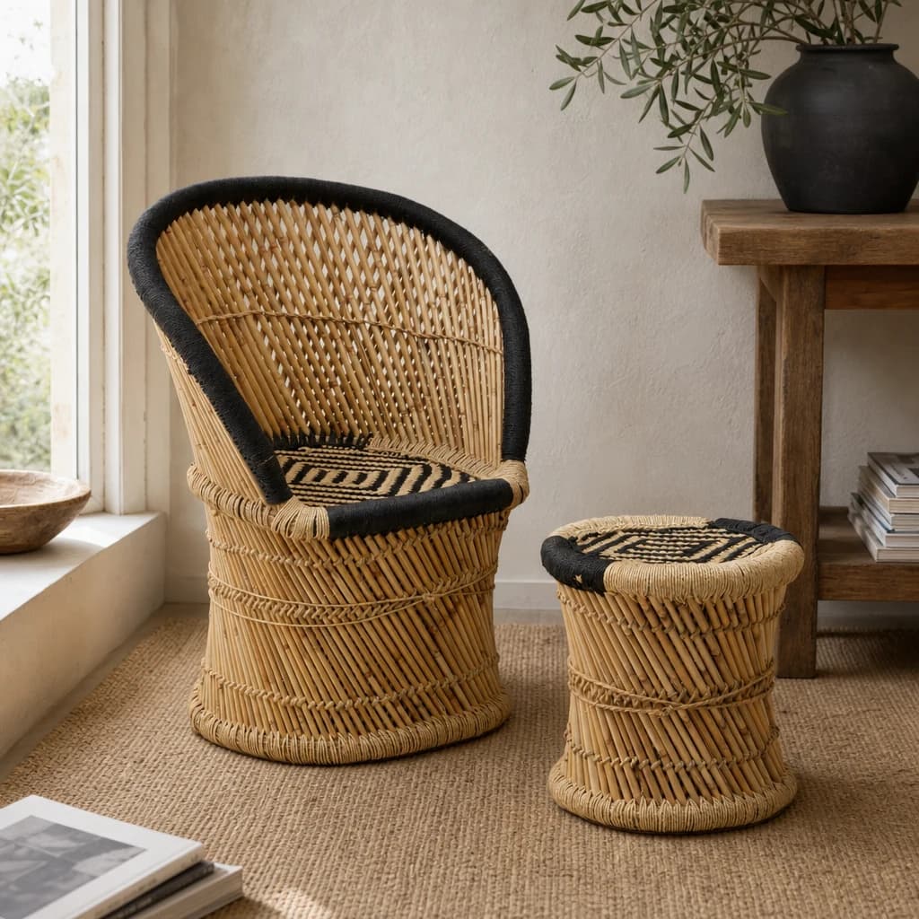 Rowan Natural And Black Woven Bamboo Chair And Stool Set - Seating, photo 1 of 8