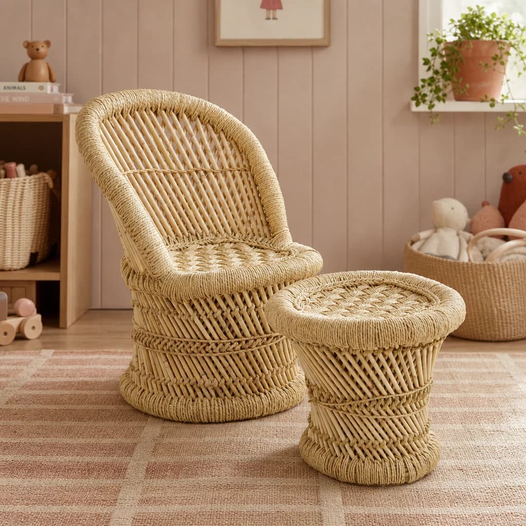 Rowan Childrens Natural Woven Bamboo Chair And Stool Set - Seating, photo 1 of 8