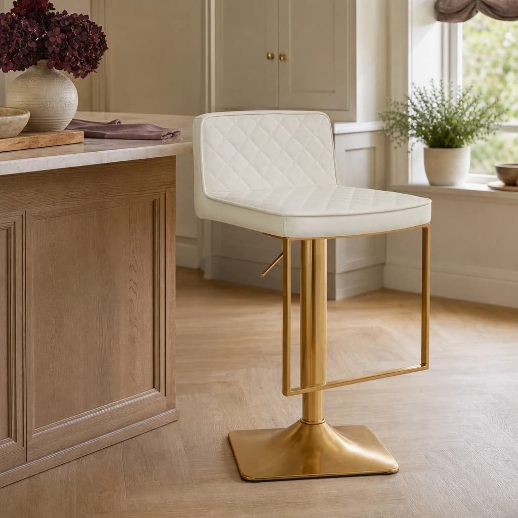 Baina White And Gold Bar Stool With Square Base - Seating, photo 1 of 8