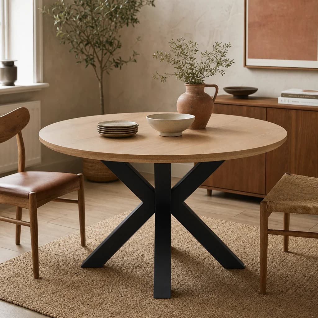 Salford Wood Veneer Round Dining Table With Black Metal Legs - Tables, photo 1 of 8