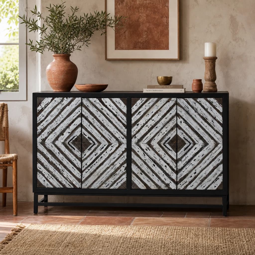 Lombok Black Rustic Chevron Four Door Sideboard - Bookcases & shelving, photo 1 of 8