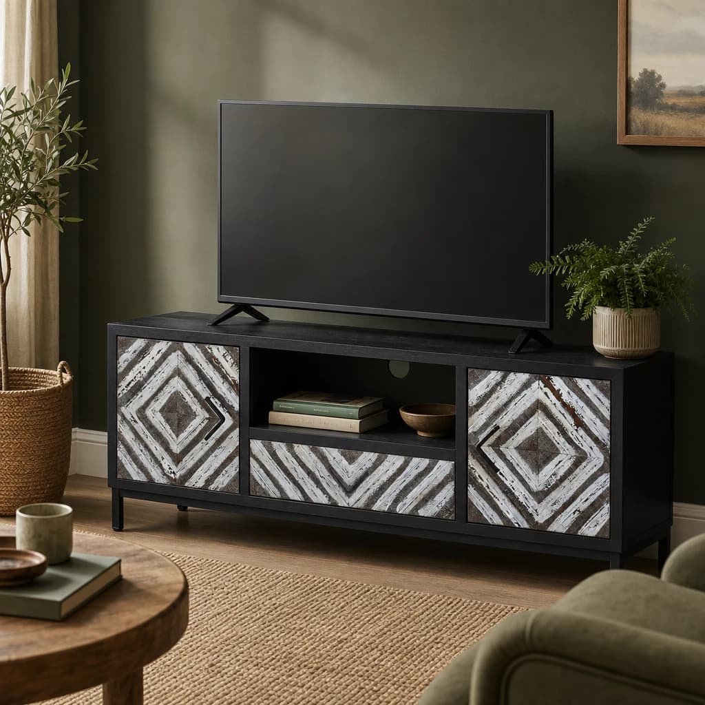 Lombok Rustic Chevron and Black Frame Media Unit - Bookcases & shelving, photo 1 of 8