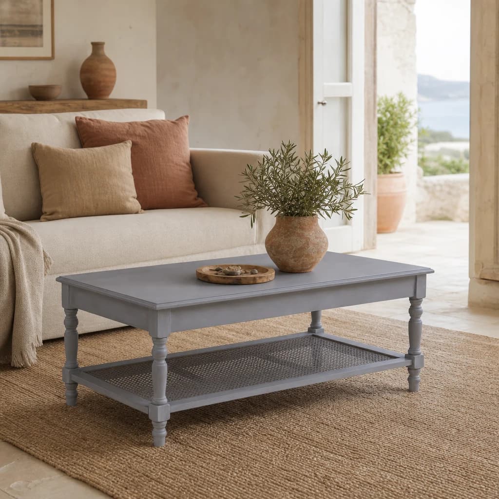Heritage Grey Wash Wooden Coffee Table with Rattan Shelf - Bookcases & shelving, photo 1 of 8