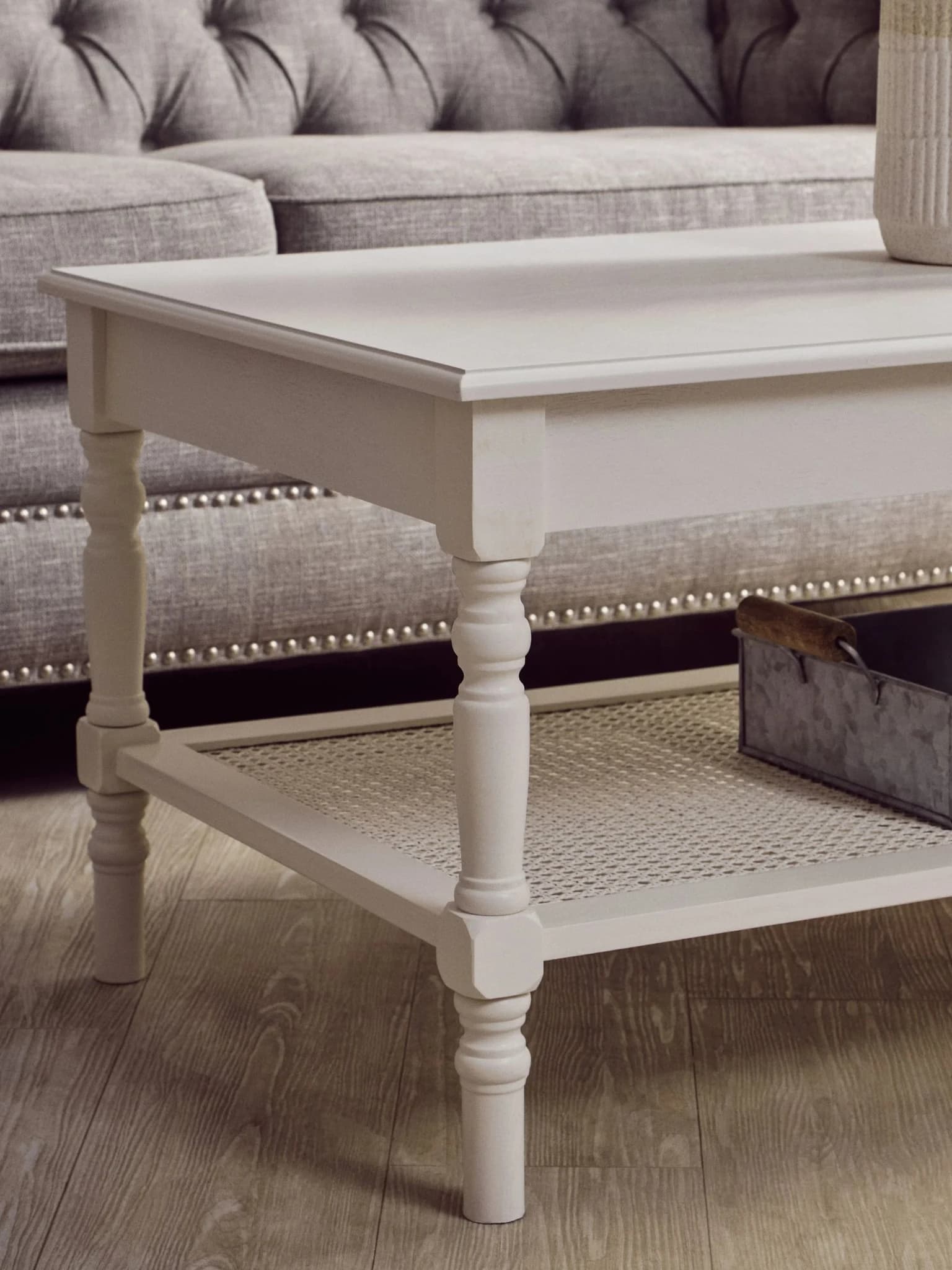 Heritage White Wooden Coffee Table with Rattan Shelf - Bookcases & shelving, photo 3 of 8