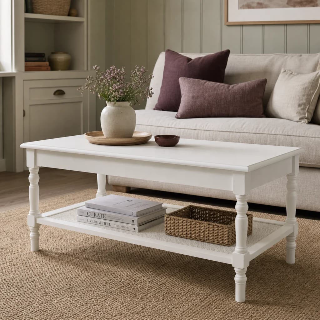 Heritage White Wooden Coffee Table with Rattan Shelf - Bookcases & shelving, photo 1 of 8