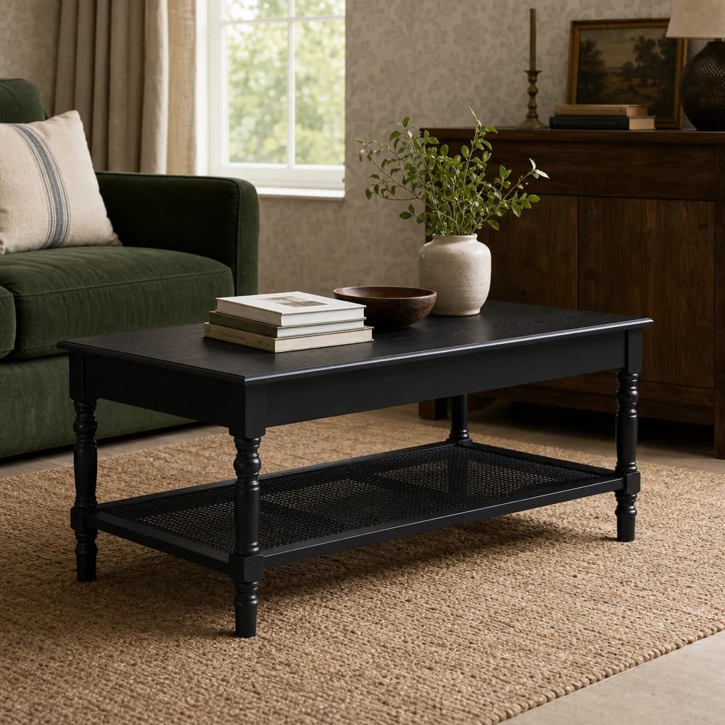 Heritage Black Wooden Coffee Table with Rattan Shelf - Bookcases & shelving, photo 1 of 8