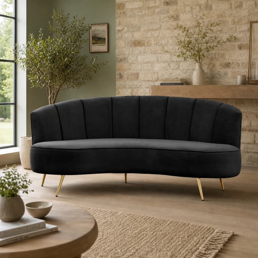 Hasna Three Seat Black Velvet Sofa - Seating, photo 1 of 7