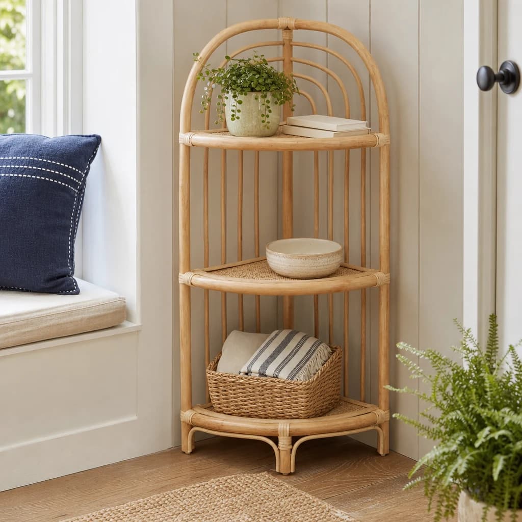 Mataram Three Tier Natural Rattan Corner Shelf Unit - Bookcases & shelving, photo 1 of 6