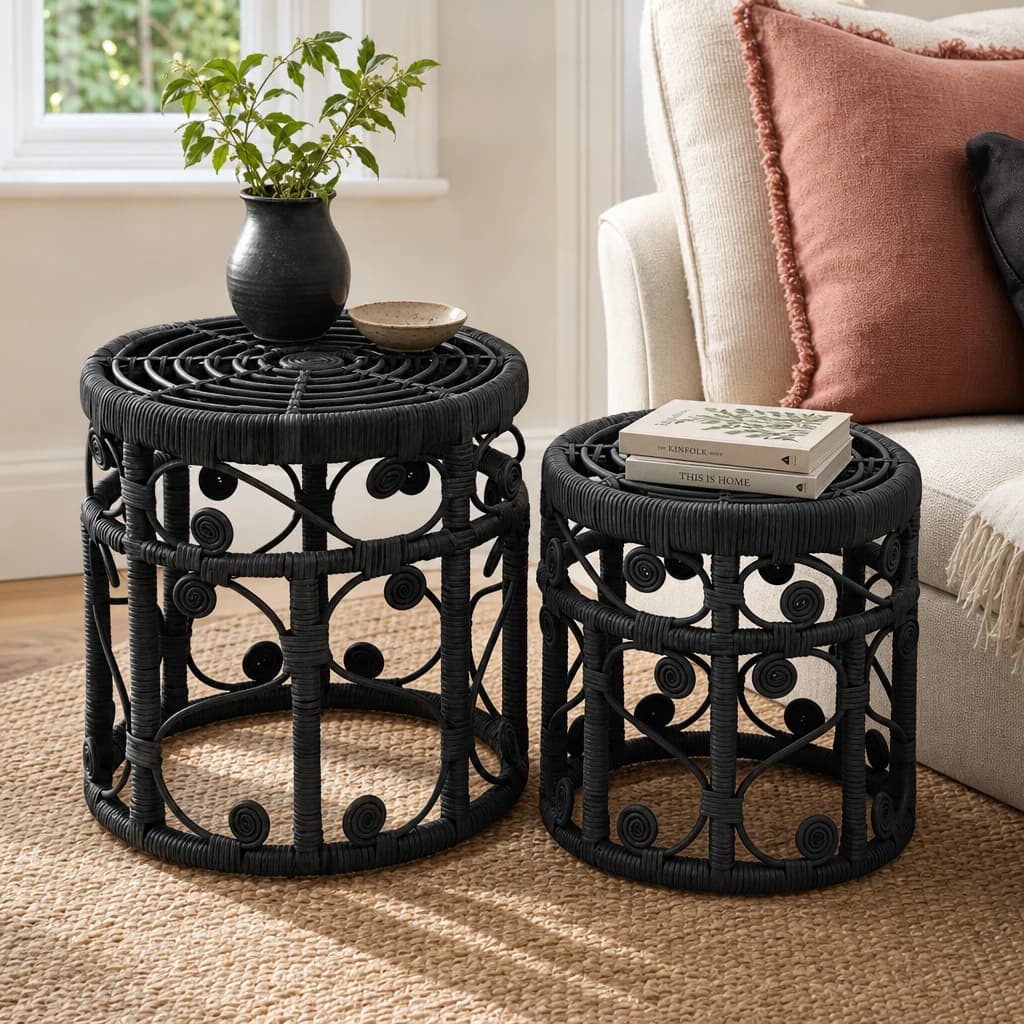 Mataram Black Rattan Set Of 2 Side Tables - Tables, photo 1 of 8