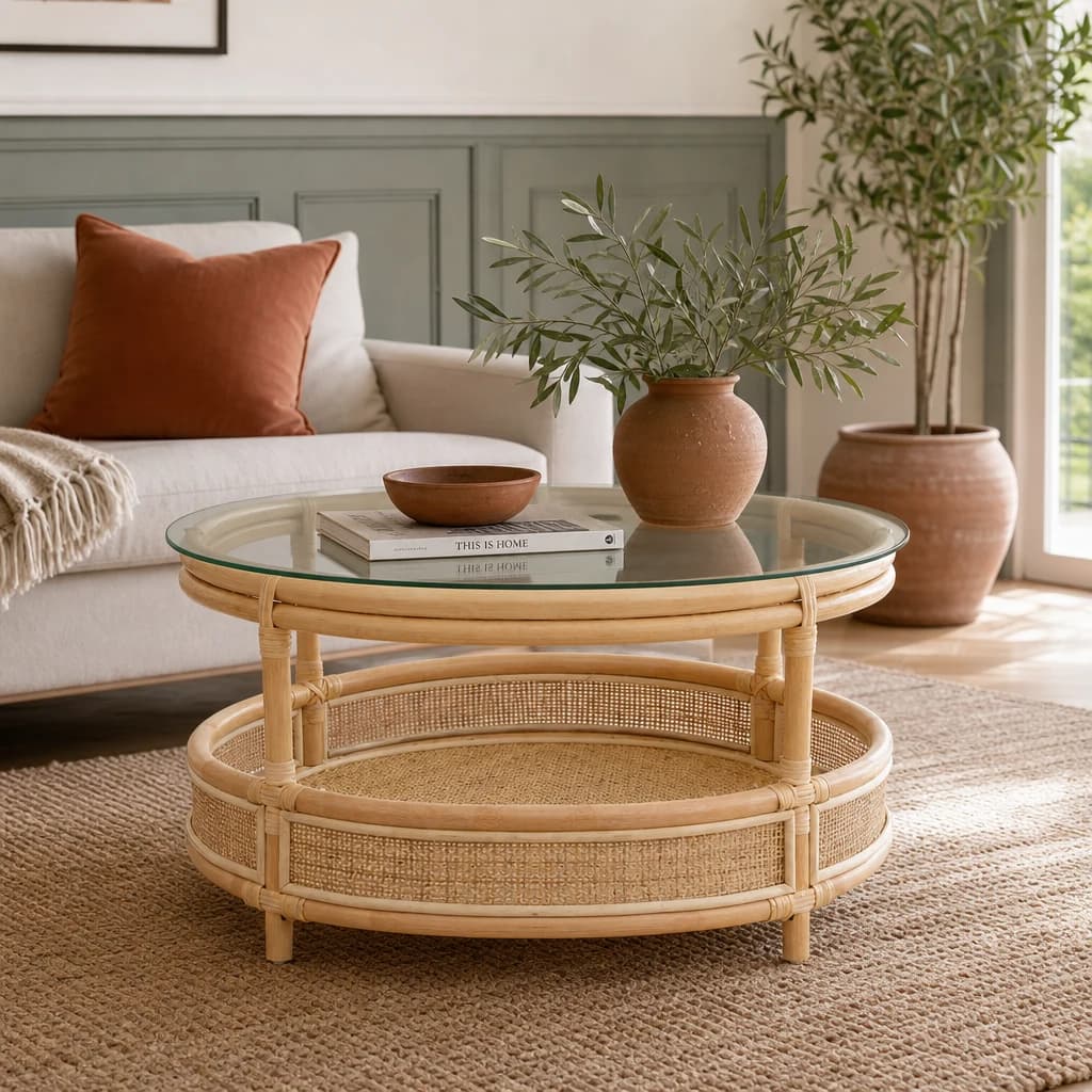 Mataram Rattan Coffee Table With Glass Top - Tables, photo 1 of 4