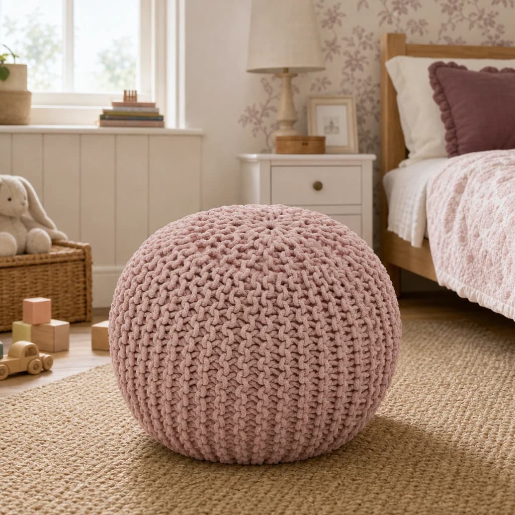 Marlowe Kids Pink Knitted Round Pouffe - Decorative, photo 1 of 6