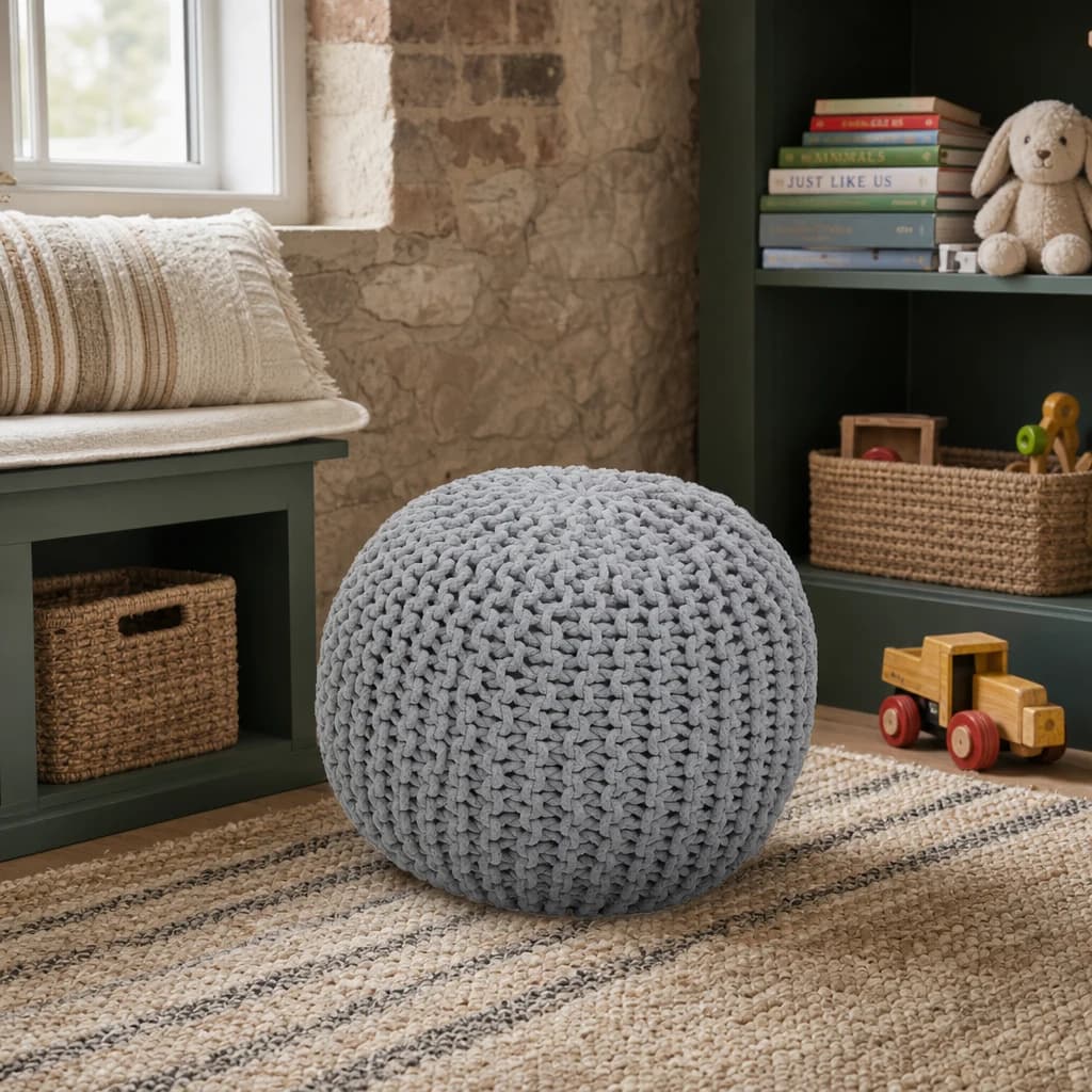 Marlowe Kids Grey Knitted Round Pouffe - Decorative, photo 1 of 7