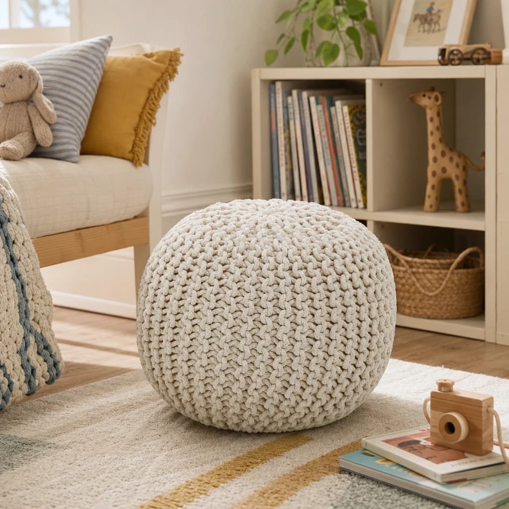 Marlowe Kids Cream Knitted Round Pouffe - Decorative, photo 1 of 8