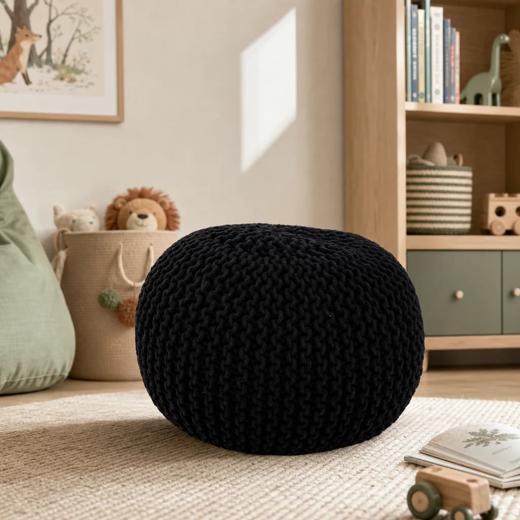 Marlowe Kids Black Knitted Round Pouffe - Decorative, photo 1 of 8
