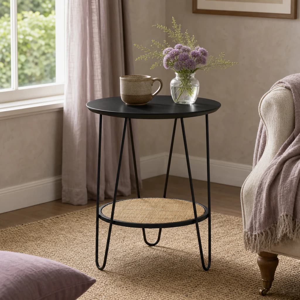 Depok Rattan And Metal Side Table With Hairpin Legs - Tables, photo 1 of 8
