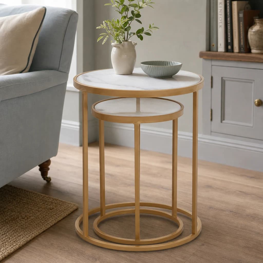 Colva White Marble and Gold Set Of Two Nesting Tables - Tables, photo 1 of 7