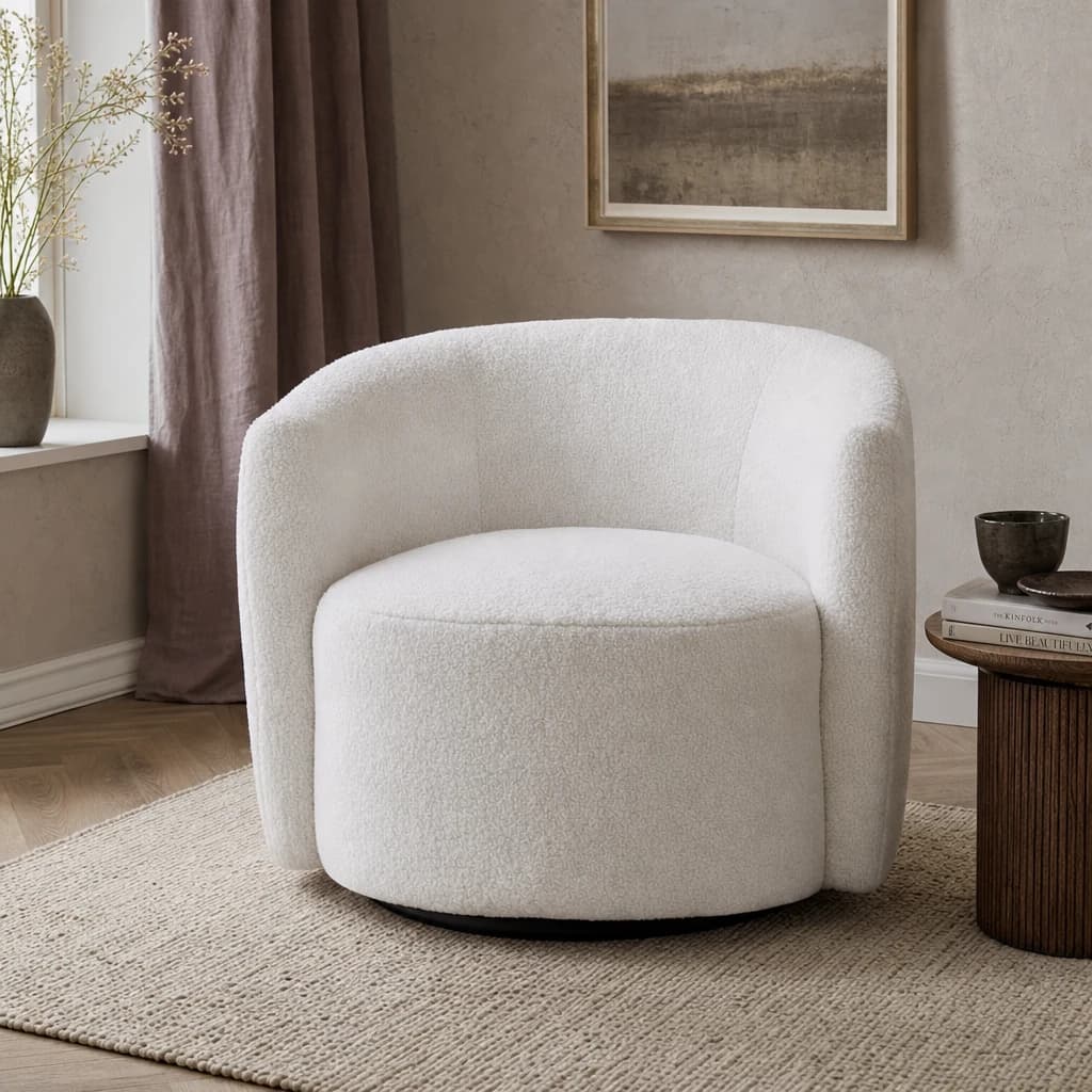 Montreal Ivory Boucle Effect Curved Lounge Chair With Swivel Base - Seating, photo 1 of 8