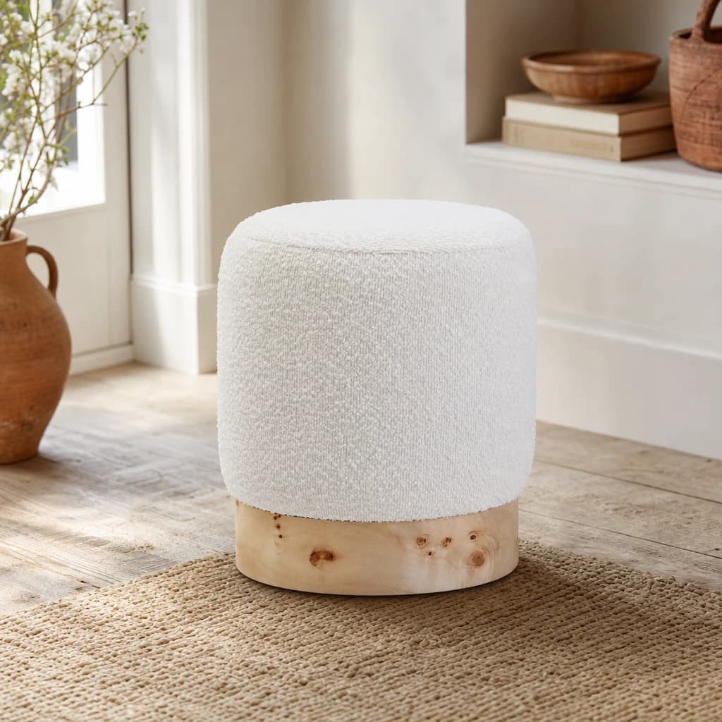 Mota Burl Wood And Cream Boucle Round Stool - Seating, photo 1 of 8