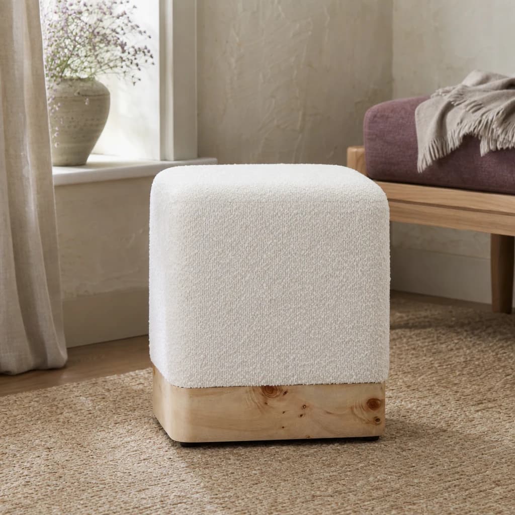 Mota Burl Wood And Cream Boucle Sqaure Stool - Seating, photo 1 of 8