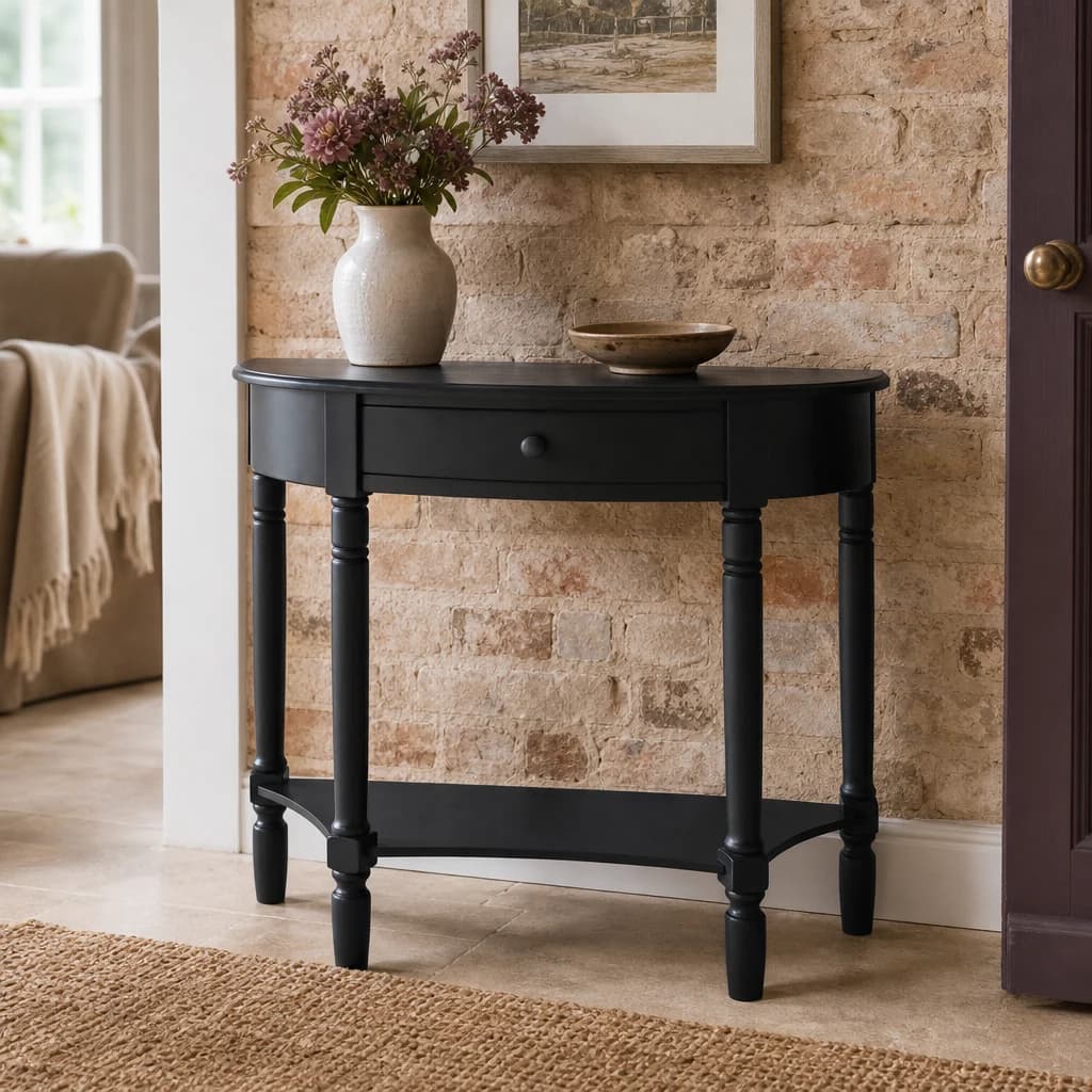 Heritage Black Half Moon Wooden Console Table with Drawer - Tables, photo 1 of 2