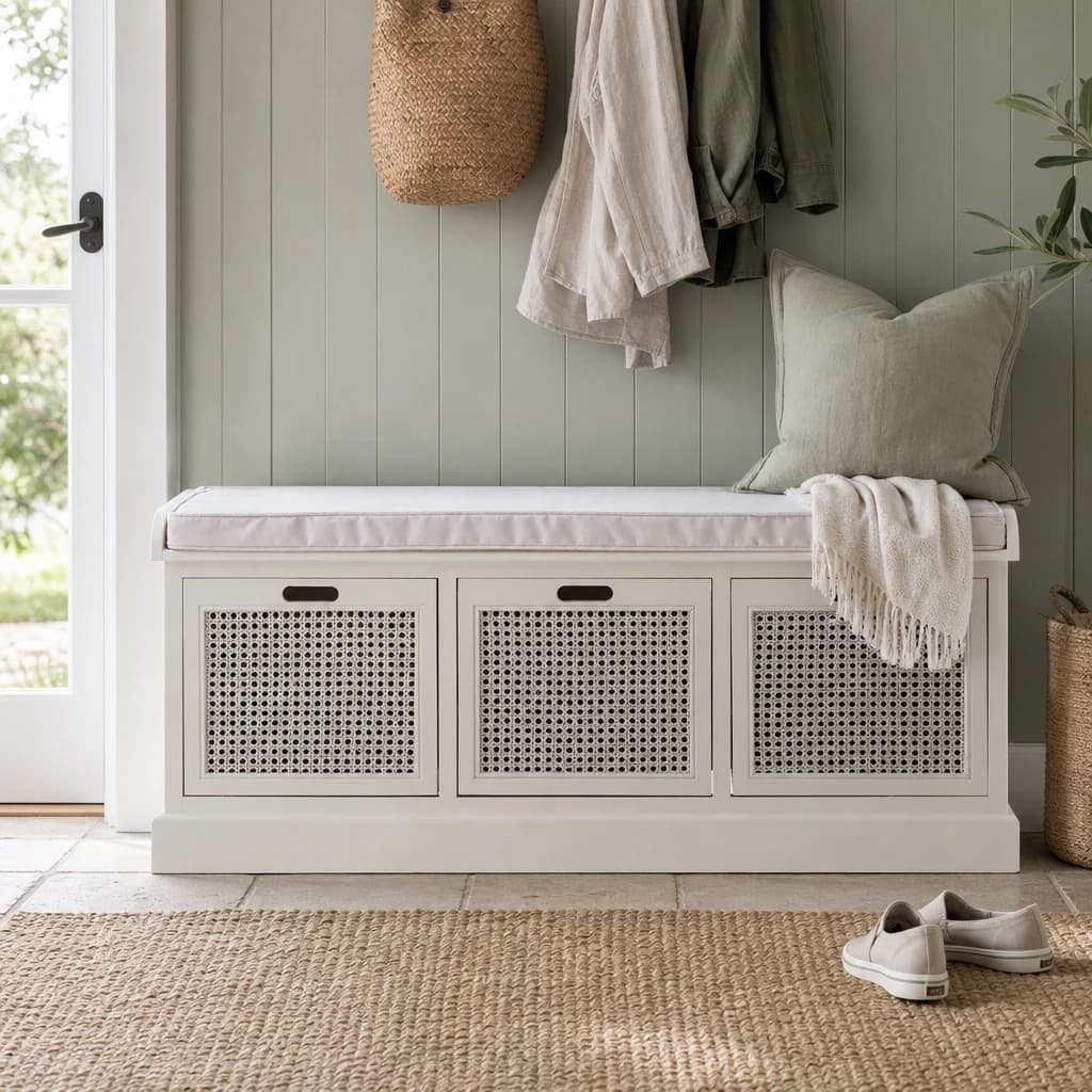 Heritage White Three Drawer Wooden and Rattan Storage Bench with Cushion - Bookcases & shelving, photo 1 of 6