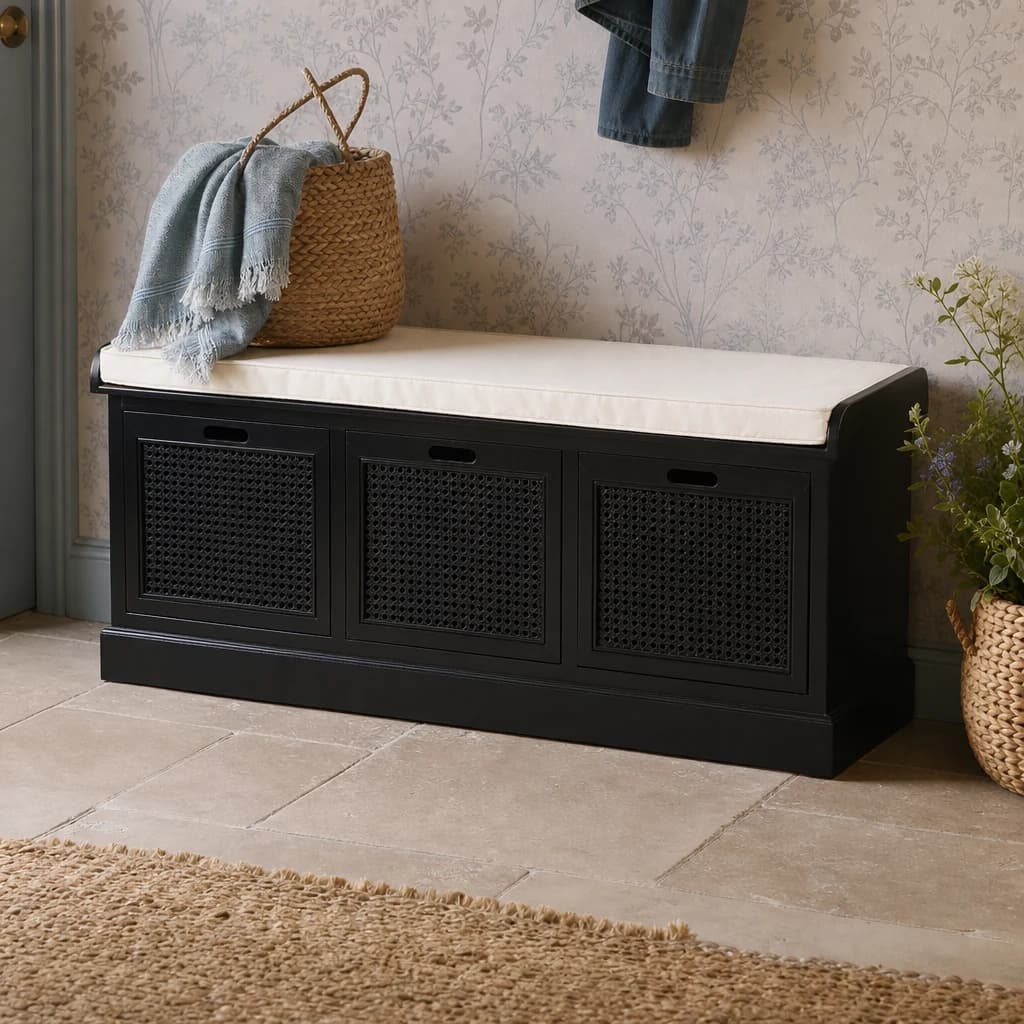 Heritage Black Three Drawer Wooden and Rattan Storage Bench with Cushion - Bookcases & shelving, photo 1 of 5