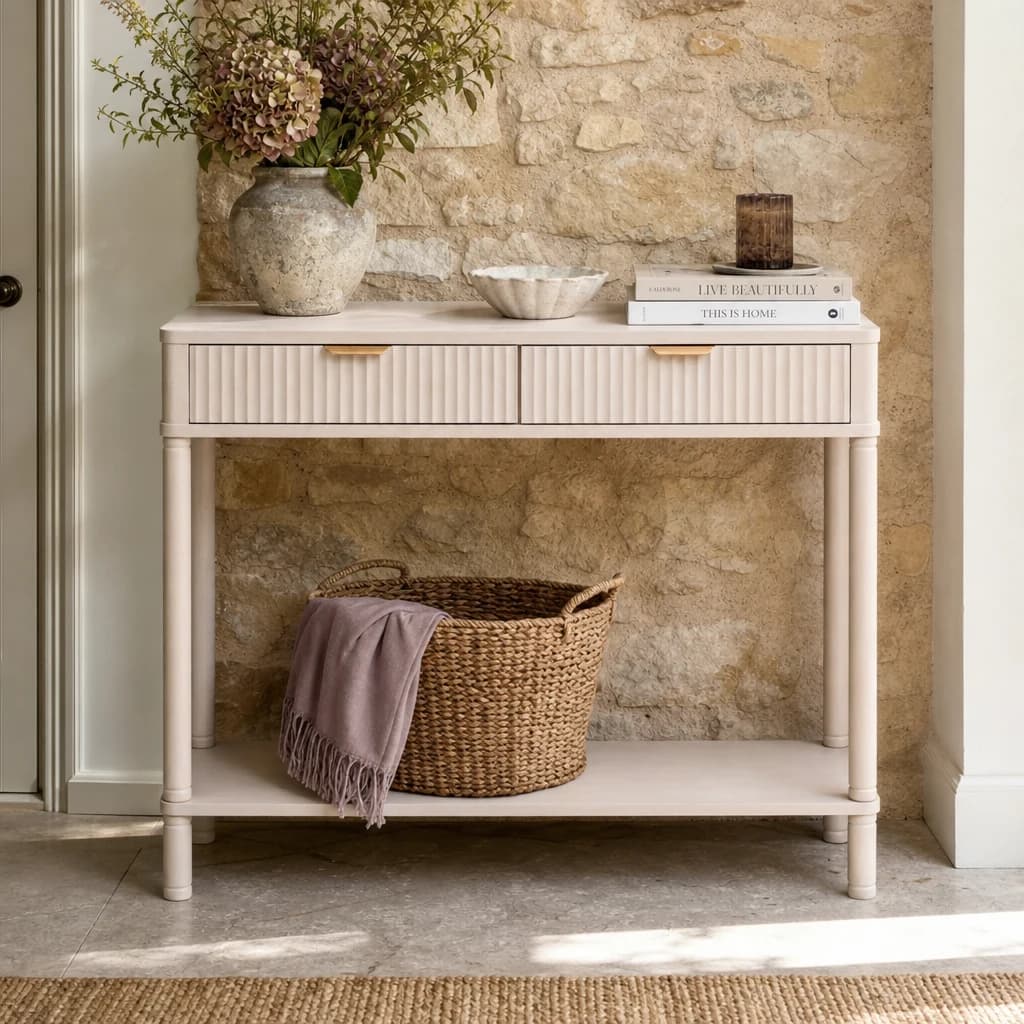 Heritage Two Drawer Reed Detail Taupe Wooden Console Table - Tables, photo 1 of 8