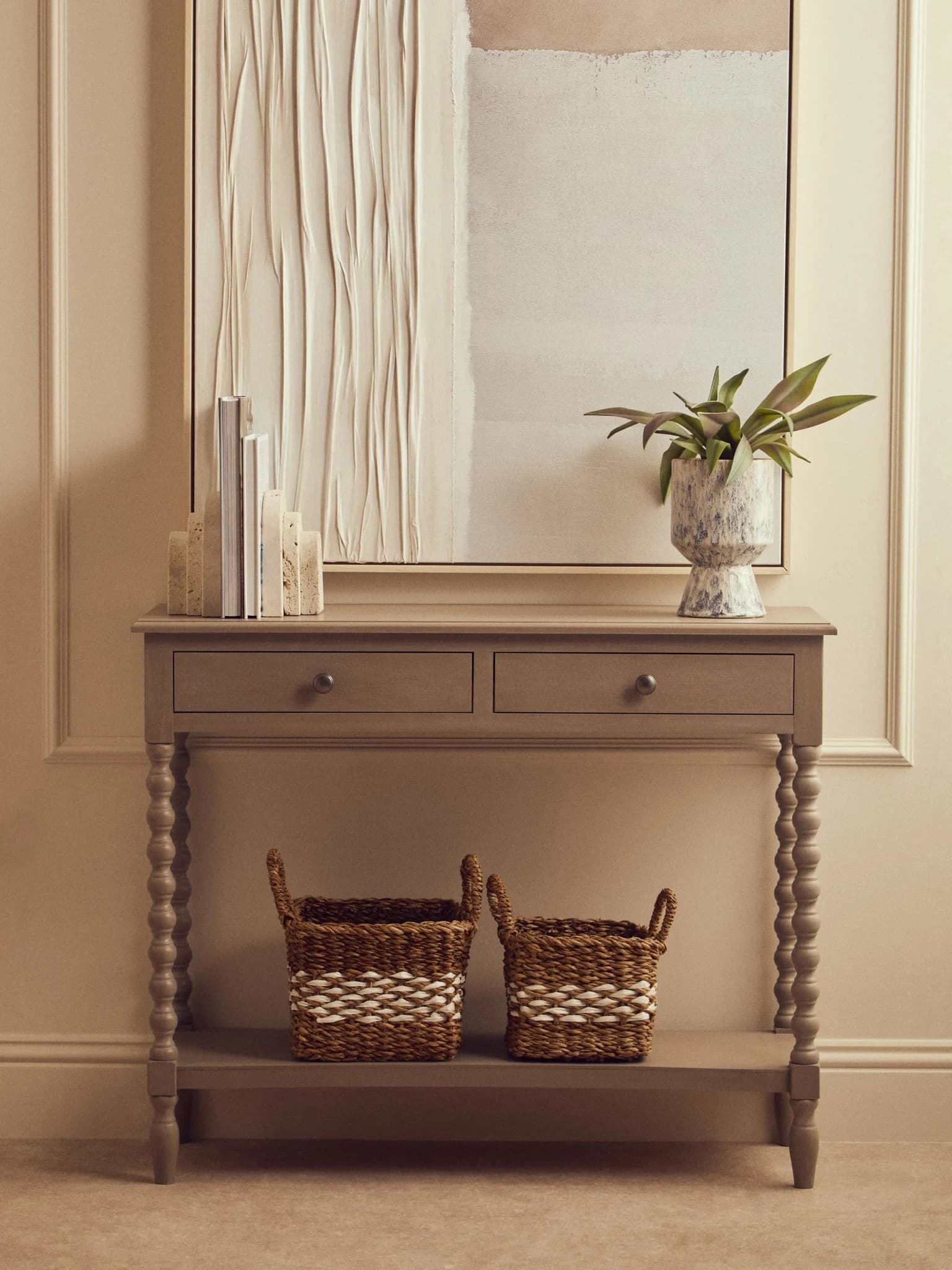 Heritage Two Drawer Bobble Detail Grey Wooden Console Table - Tables, photo 6 of 8