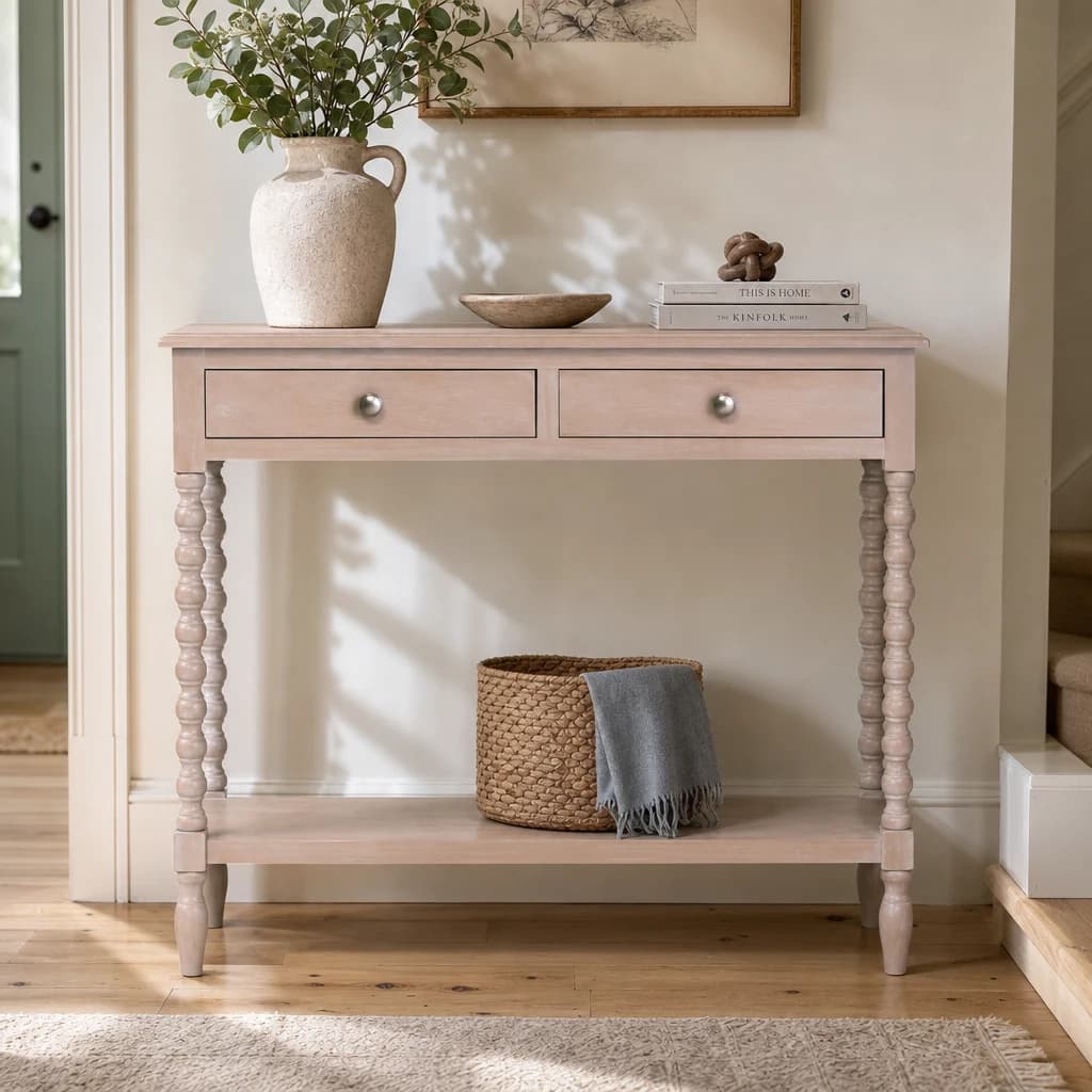 Heritage Two Drawer Bobble Detail Grey Wooden Console Table - Tables, photo 1 of 8