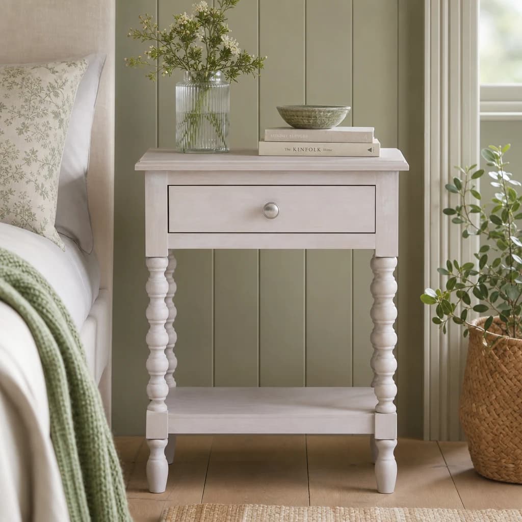 Heritage One Drawer Bobble Detail Grey Wooden Side Table - Tables, photo 1 of 8