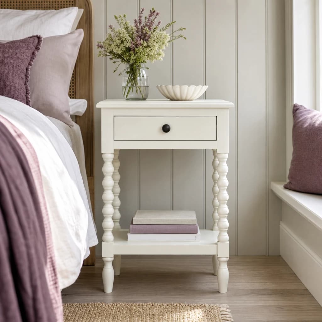 Heritage One Drawer Bobble Detail Ivory Wooden Bedside Table - Tables, photo 1 of 8