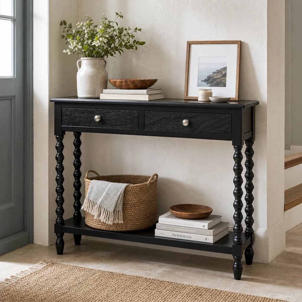 Heritage Two Drawer Bobble Detail Black Wooden Console Table - Tables, photo 1 of 8