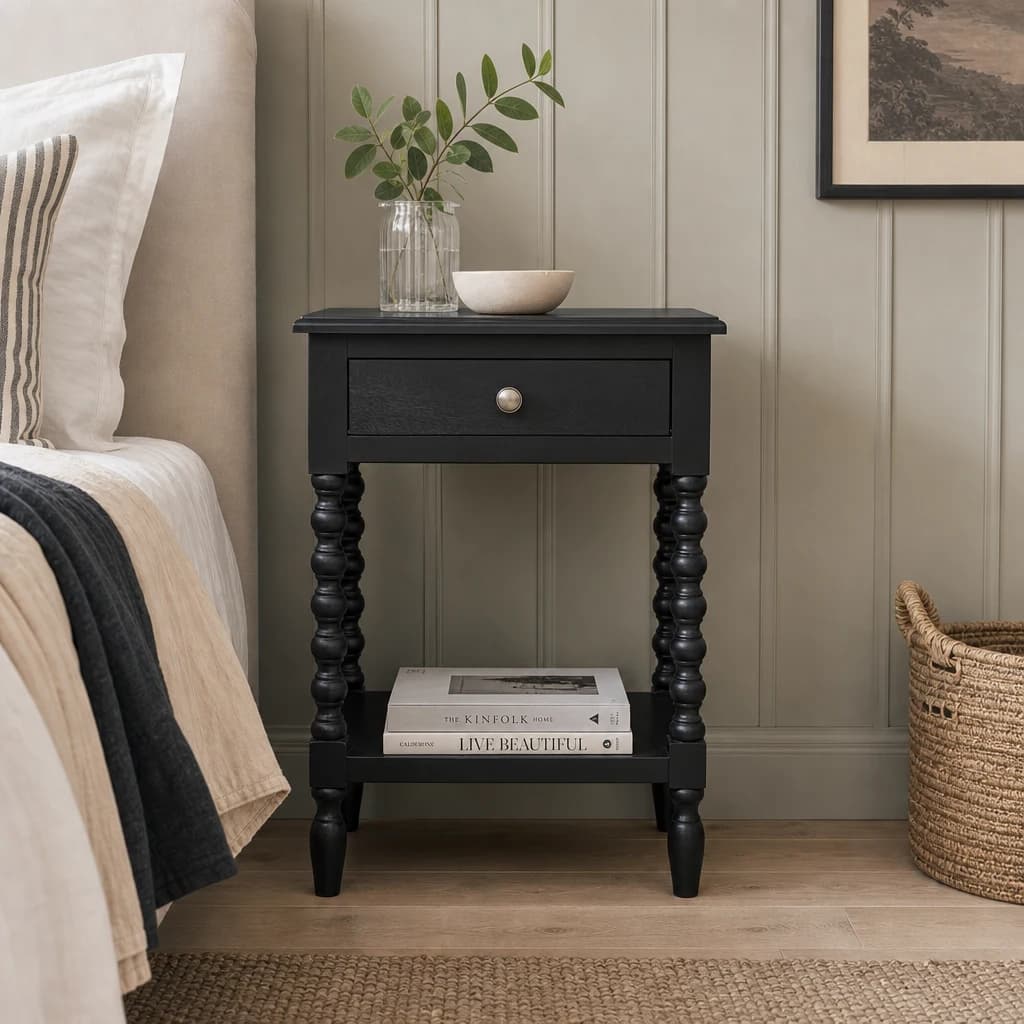 Heritage One Drawer Bobble Detail Black Wooden Bedside Table - Tables, photo 1 of 8