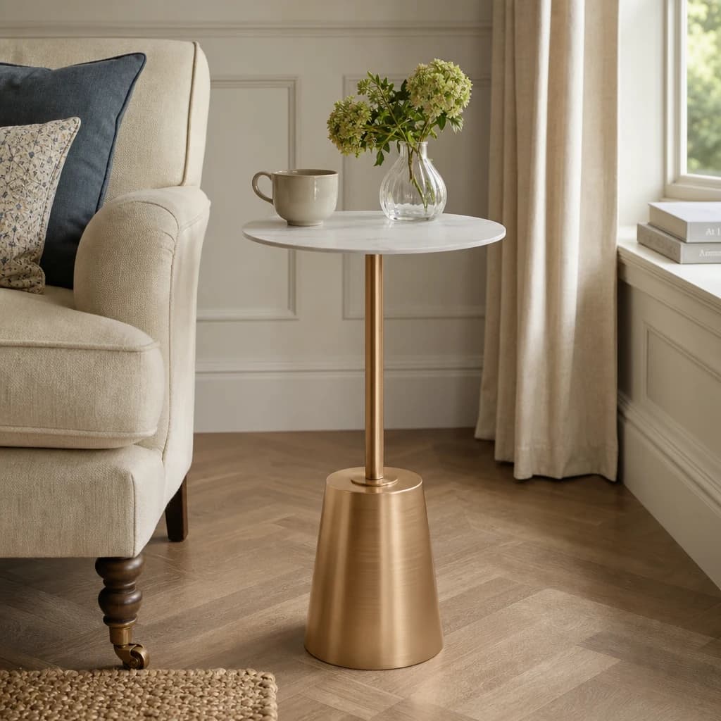 Avola White Marble Effect Top Gold Base Side Table - Tables, photo 1 of 5